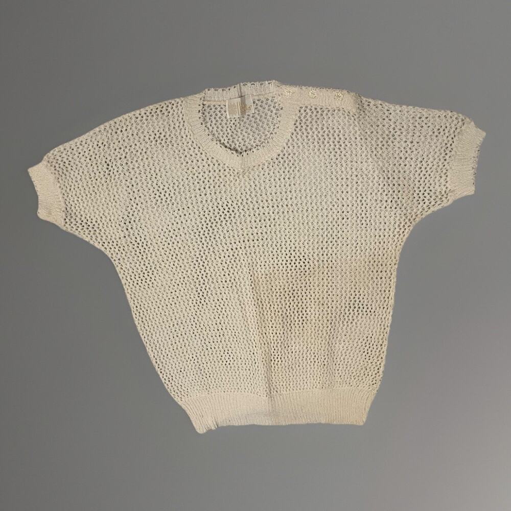 VTG 80s Sweater Pure Gould Sidney Hand Knit Flower Buttons Cream Cottagecore M/L